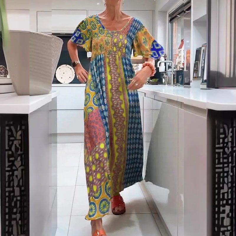 New Bohemian Loose High Waisted Long Dress Women Casual Short Sleeved Pleated Holiday Dress Elegant Pattern Printed Maxi Dresses