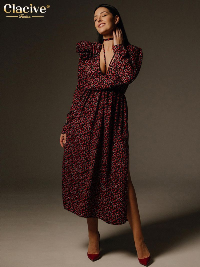 Clacive Sexy Loose Print Women'S Dress 2024 Fashion Deep V-Neck Long Sleeve Midi Dress Elegant High Waist Slit Party Dresses