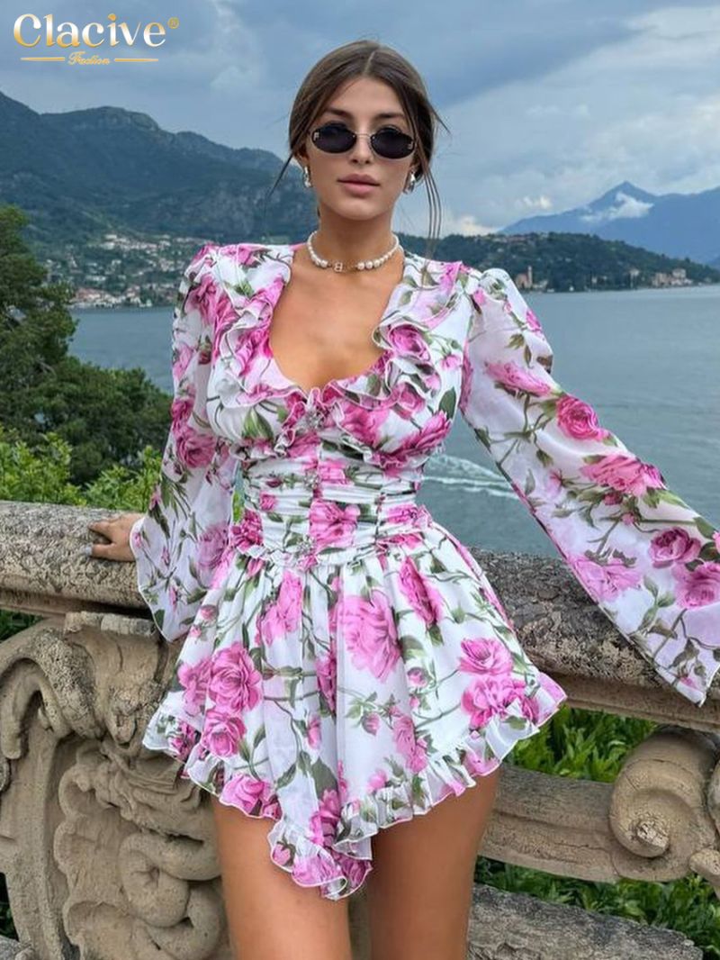 Clacive Sexy Slim Print Dress Ladies Fashion Lapel Long Sleeve Mini Dress Elegant Classic High Waist Ruffle Dresses For Women