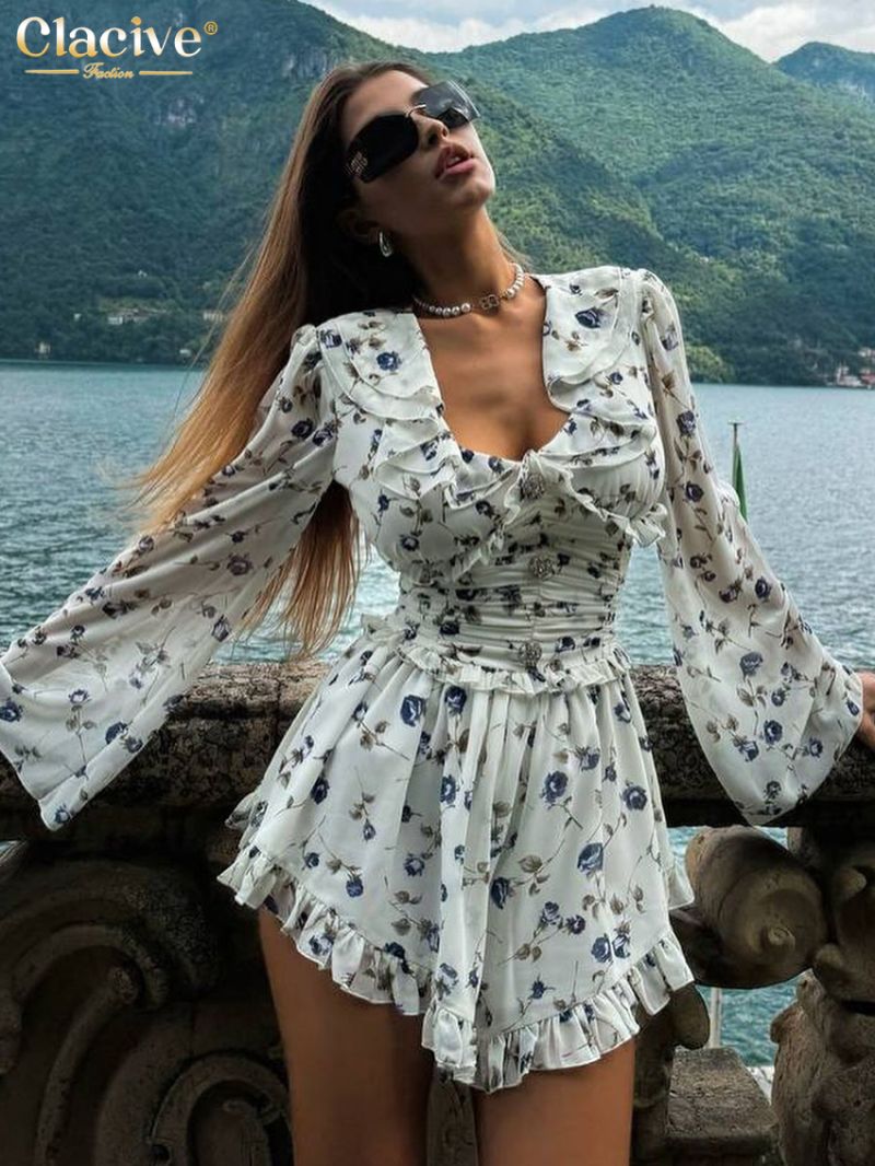 Clacive Sexy Slim Print Dress Ladies Fashion Lapel Long Sleeve Mini Dress Elegant Classic High Waist Ruffle Dresses For Women