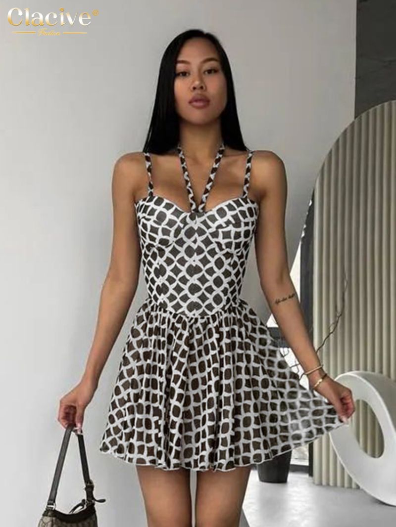 Clacive Sexy Slim Print Women's Dress 2024 Summer Strap Sleeveless Mini Dresses Fashion Lace-Up Pleated Female Party Dress