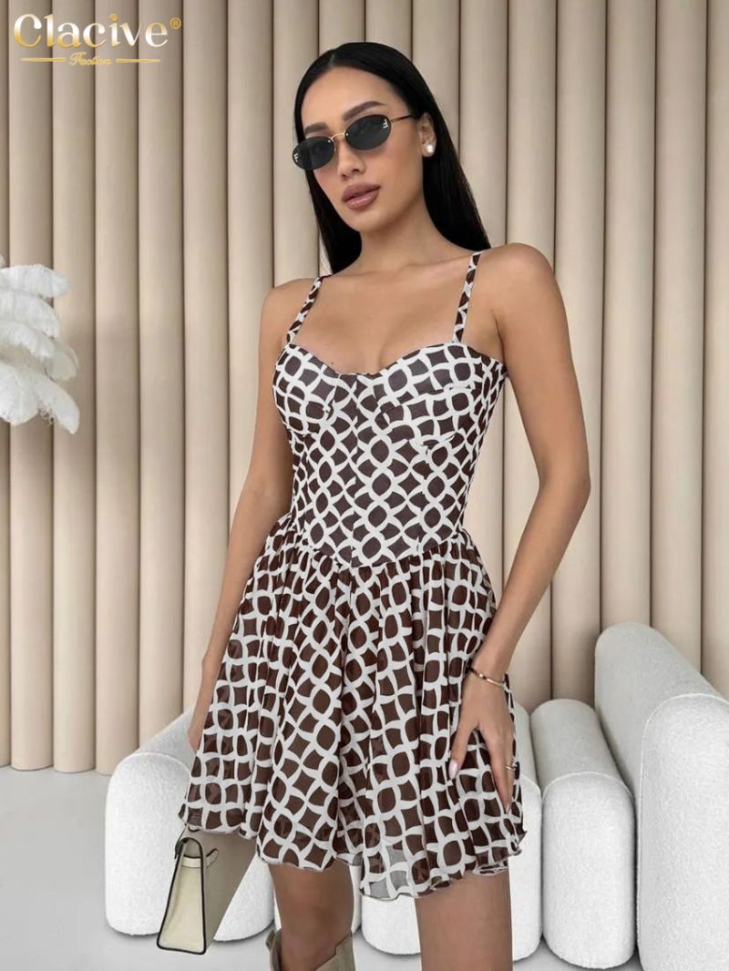 Clacive Sexy Slim Print Women's Dress 2024 Summer Strap Sleeveless Mini Dresses Fashion Lace-Up Pleated Female Party Dress