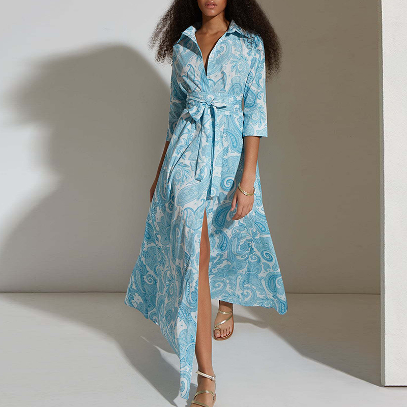 Bohemian Pattern Print Summer Dress Female Casual Half Sleeved Split Shirt Dress Elegant Lady Turn-down Collar Tie Up Long Dress