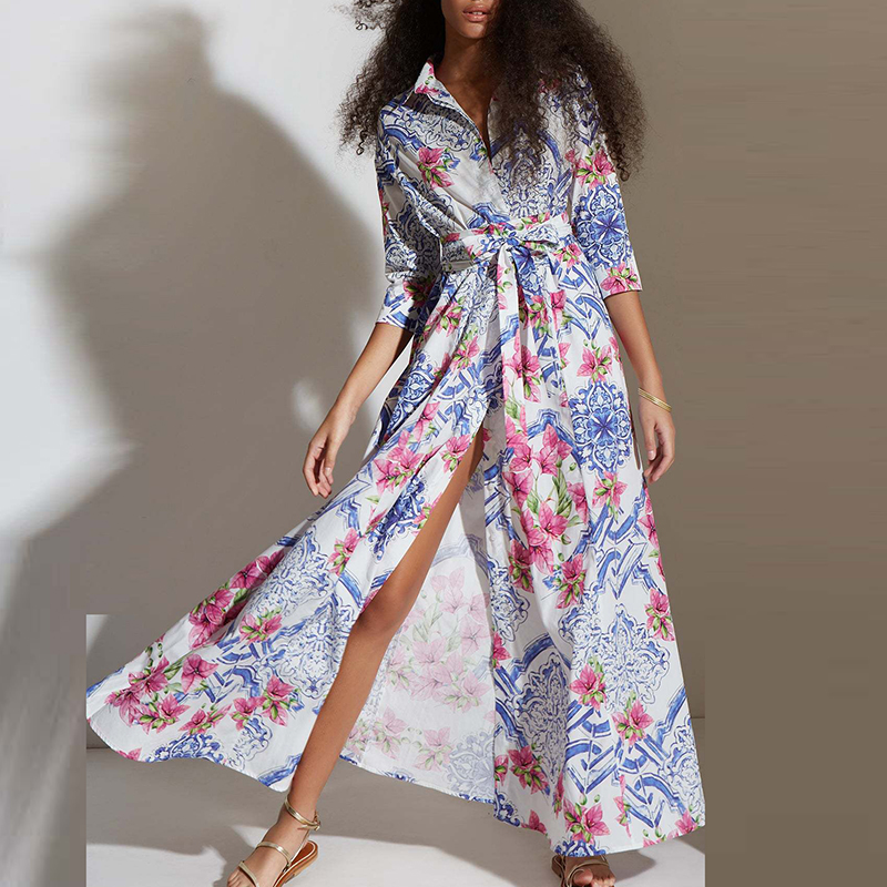 Bohemian Pattern Print Summer Dress Female Casual Half Sleeved Split Shirt Dress Elegant Lady Turn-down Collar Tie Up Long Dress