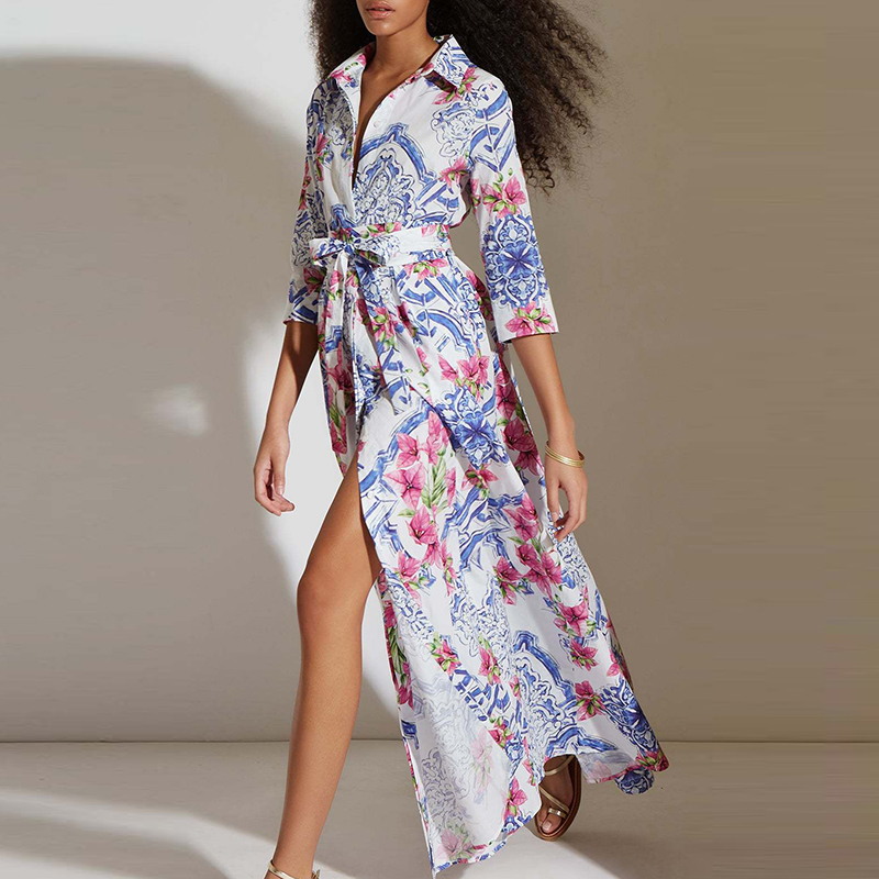 Bohemian Pattern Print Summer Dress Female Casual Half Sleeved Split Shirt Dress Elegant Lady Turn-down Collar Tie Up Long Dress