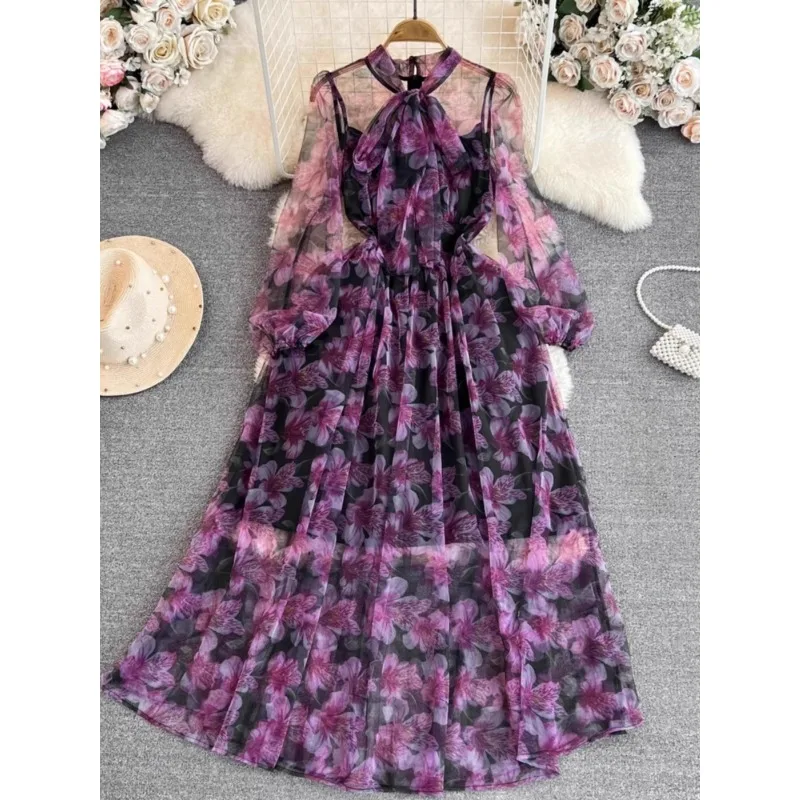 Elegant Dresses Women 2024 Spring Autumn New Bow Long Sleeved Slim A-line Printed Chiffon Dress Elegant Long French Vestidos