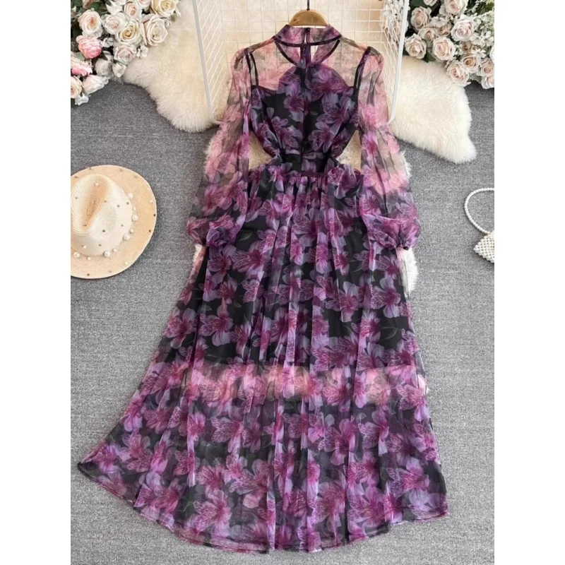 Elegant Dresses Women 2024 Spring Autumn New Bow Long Sleeved Slim A-line Printed Chiffon Dress Elegant Long French Vestidos