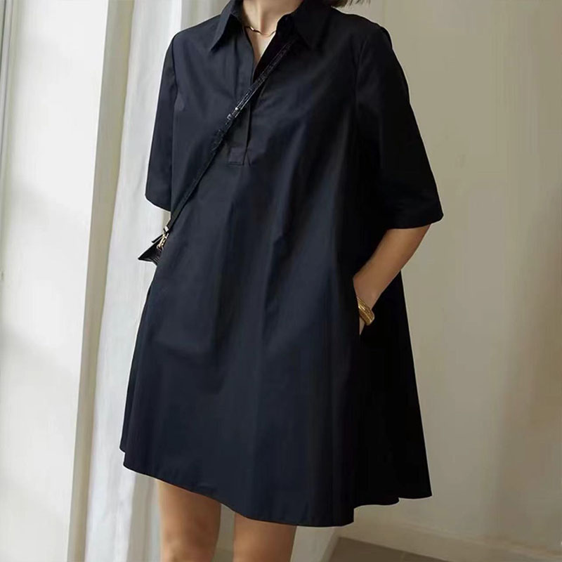 Summer Casual Lapel Loose Shirt Dress Women Simple Solid Half Sleeved Pleated Dress Elegant Temperament Commuting Short Dresses