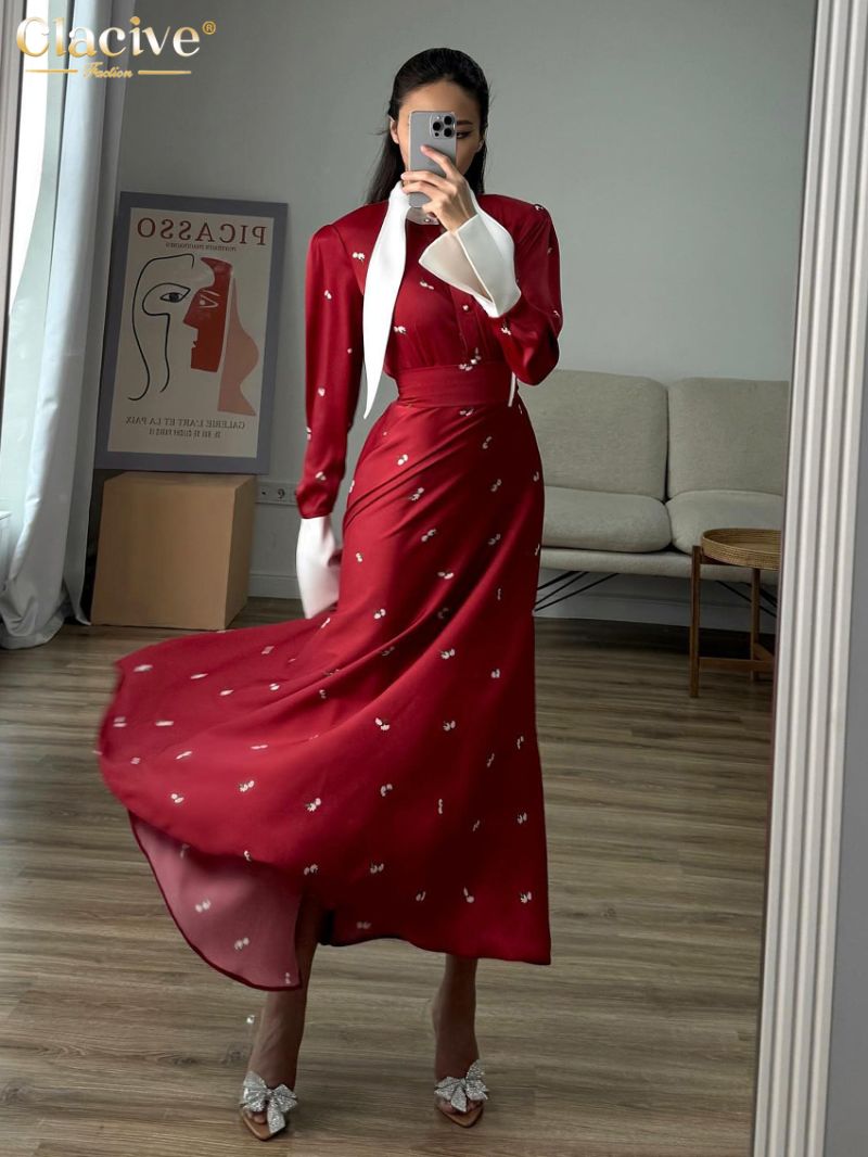 Clacive Fashion Loose Print Women's Dress Elegant Lapel Long Sleeve Ankle Length Dresses Casual Classic High Waist Female Dress