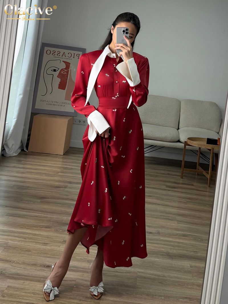 Clacive Fashion Loose Print Women's Dress Elegant Lapel Long Sleeve Ankle Length Dresses Casual Classic High Waist Female Dress