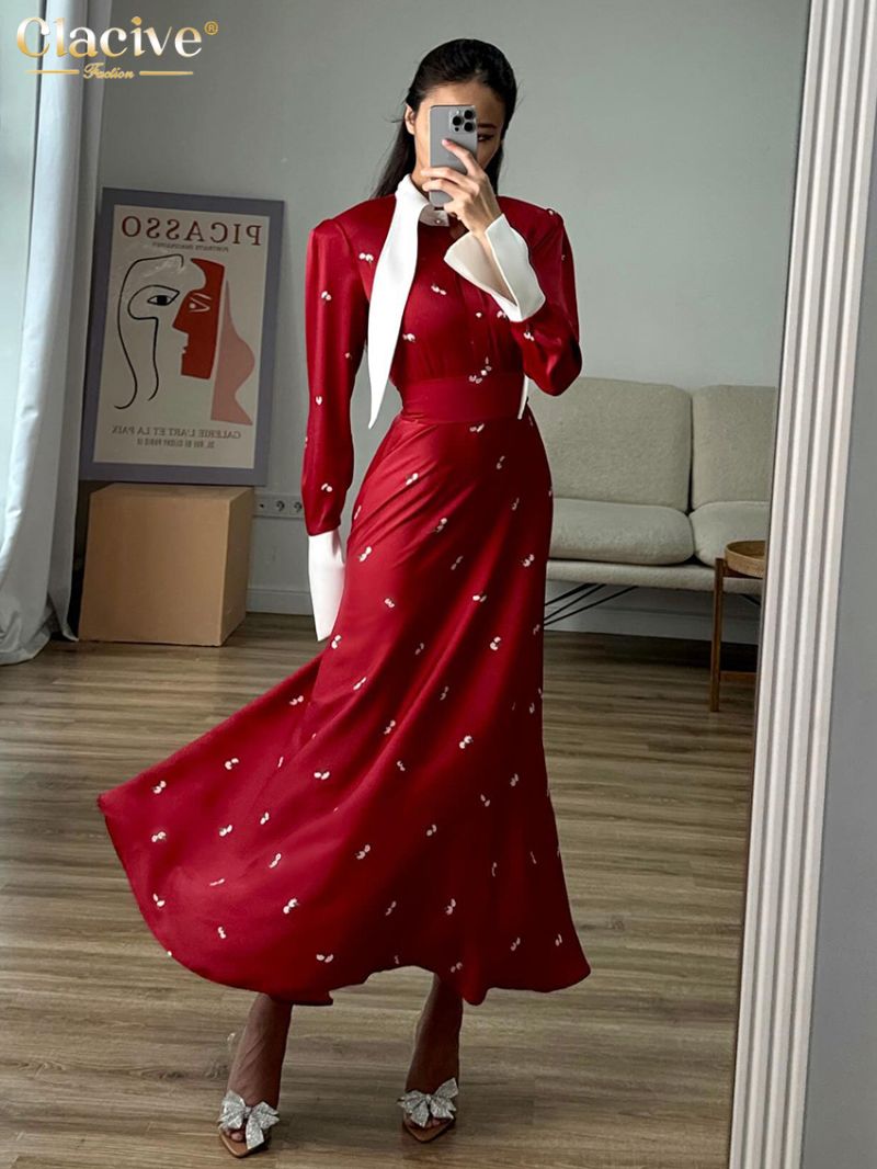 Clacive Fashion Loose Print Women's Dress Elegant Lapel Long Sleeve Ankle Length Dresses Casual Classic High Waist Female Dress