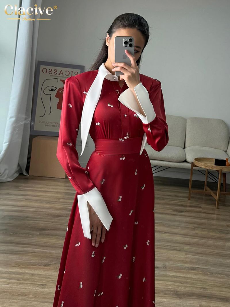 Clacive Fashion Loose Print Women's Dress Elegant Lapel Long Sleeve Ankle Length Dresses Casual Classic High Waist Female Dress