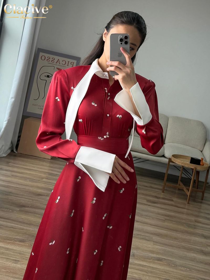 Clacive Fashion Loose Print Women's Dress Elegant Lapel Long Sleeve Ankle Length Dresses Casual Classic High Waist Female Dress