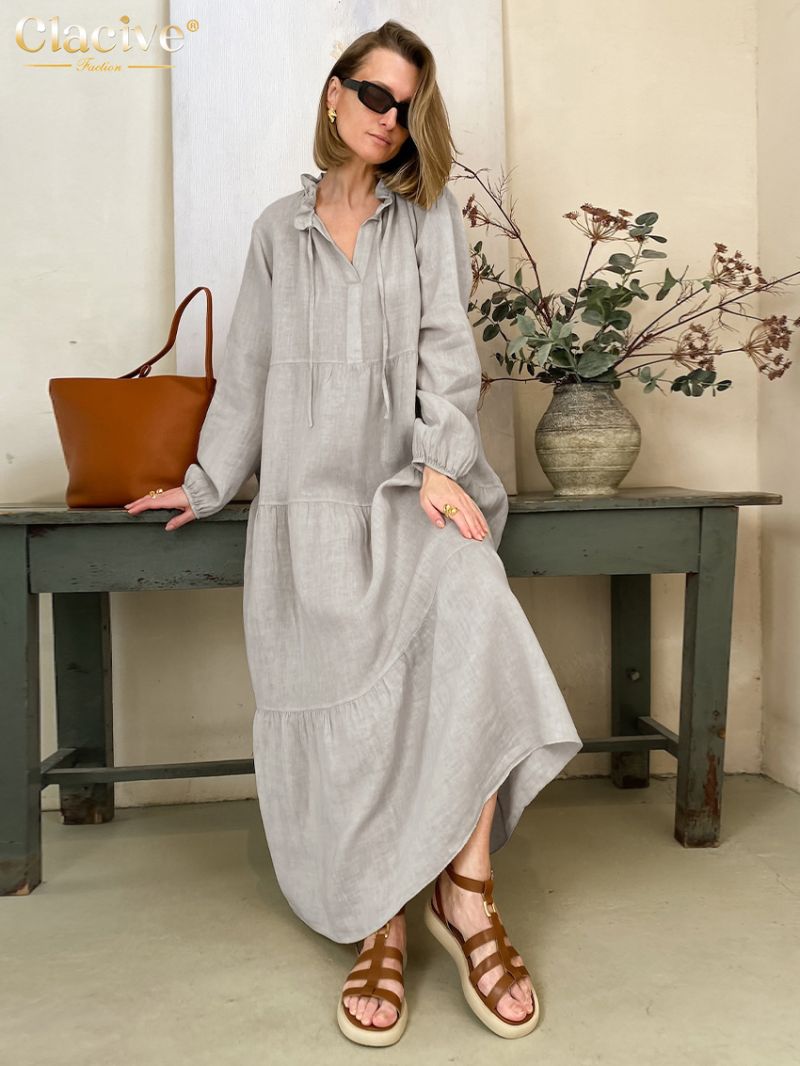 Clacive Fashion Loose Gray Women's Dress Casual Stand Collar Long Sleeve Ankle Length Dresses Elegant Classic Solid Female Dress