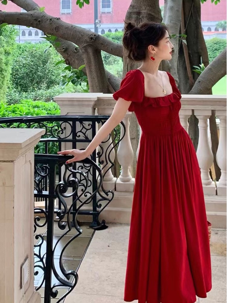 French Elegant Lace Up Midi Dress Women Summer Vintage Solid Short Sleeve A-Line Party Club Vestido Korean Ruffles Clothing