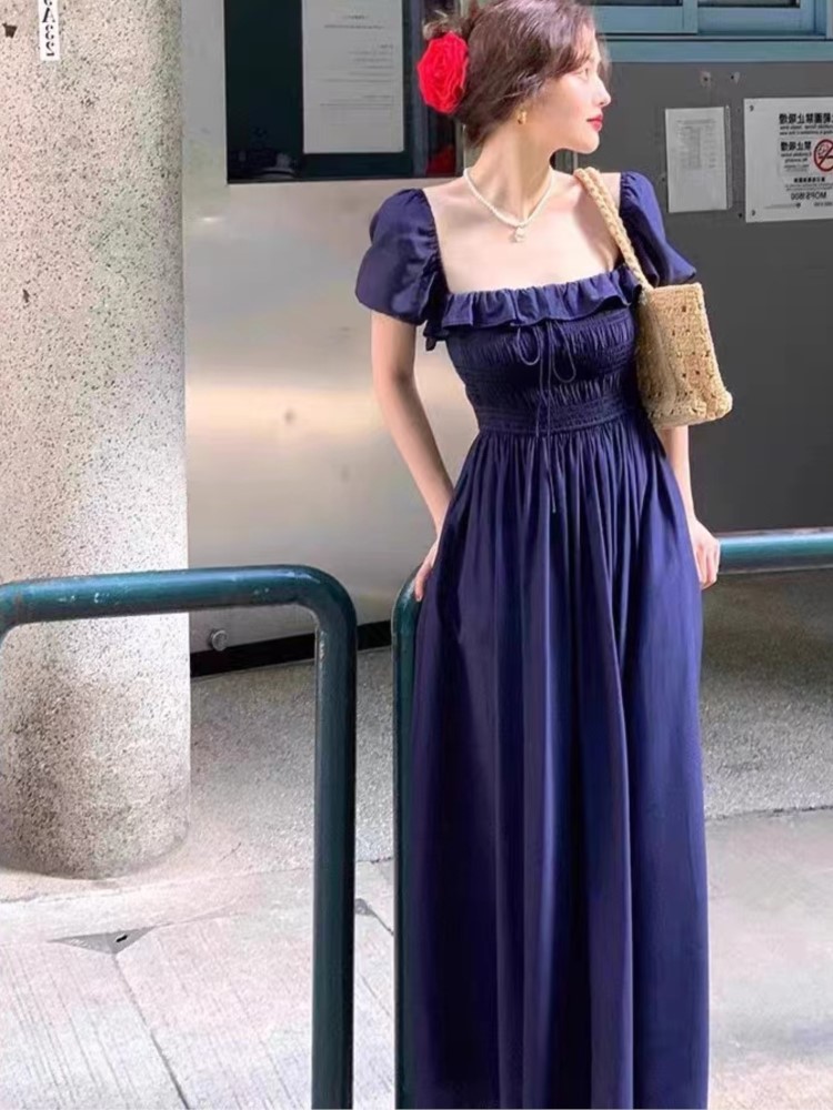 French Elegant Lace Up Midi Dress Women Summer Vintage Solid Short Sleeve A-Line Party Club Vestido Korean Ruffles Clothing