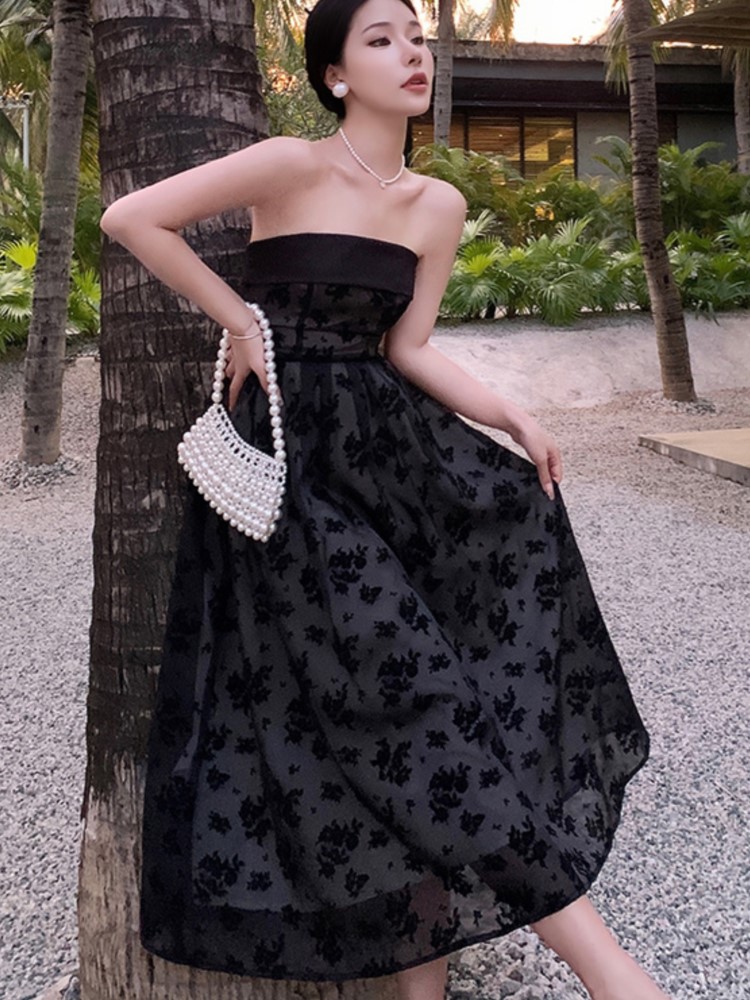 Elegant Black Dresses for Women Strapless A-line Evening Party Dress Summer Vintage Wedding Prom Robe One Piece Vestidos Mujer