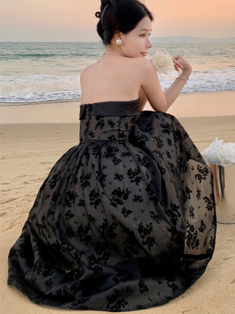 Elegant Black Dresses for Women Strapless A-line Evening Party Dress Summer Vintage Wedding Prom Robe One Piece Vestidos Mujer