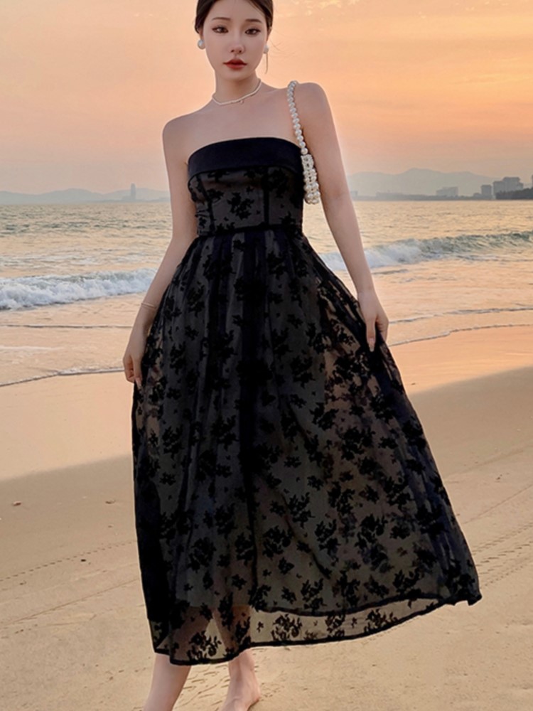 Elegant Black Dresses for Women Strapless A-line Evening Party Dress Summer Vintage Wedding Prom Robe One Piece Vestidos Mujer