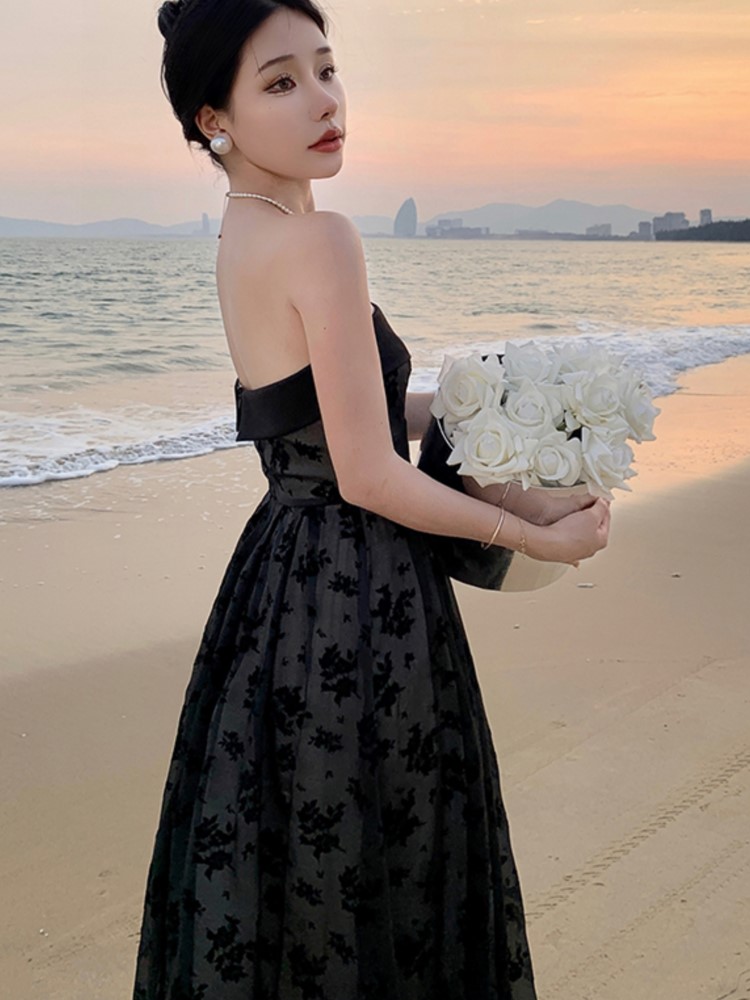 Elegant Black Dresses for Women Strapless A-line Evening Party Dress Summer Vintage Wedding Prom Robe One Piece Vestidos Mujer