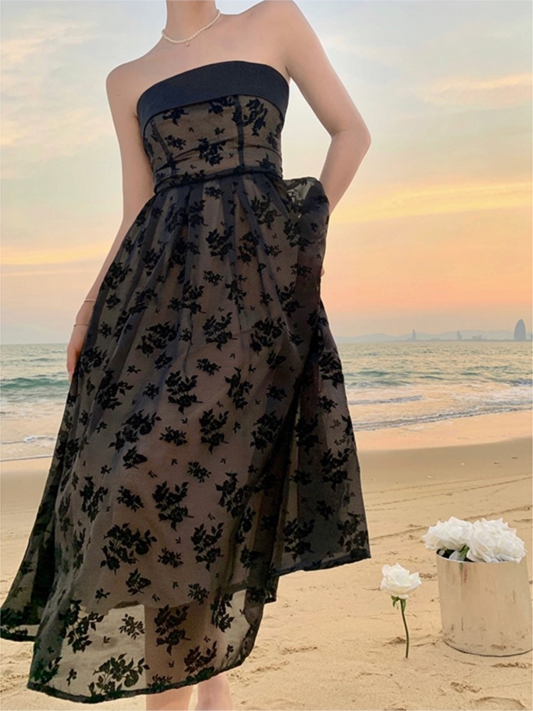 Elegant Black Dresses for Women Strapless A-line Evening Party Dress Summer Vintage Wedding Prom Robe One Piece Vestidos Mujer