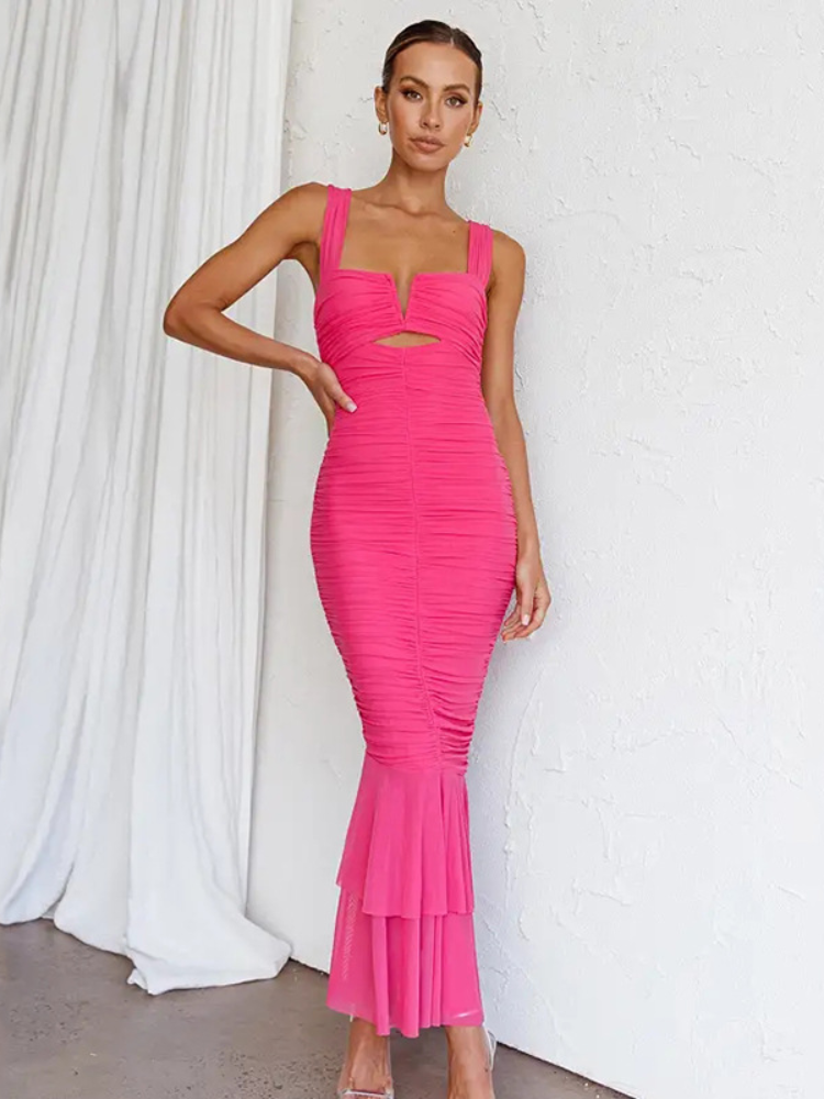 Sexy Backless Pleated Hollow Out Ruffles Hem Sing Dress Women Solid Sleeveless Slim Fishtail Robes Chic Lady Party Club Dresses