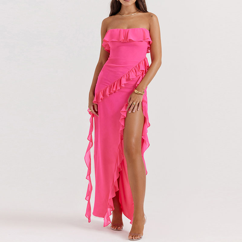 Sexy Strapless Ruffle Slim Long Dress Ladies Fashion Off Shoulder High Split Party Dress Summer Vacation Solid Color Dress Mujer