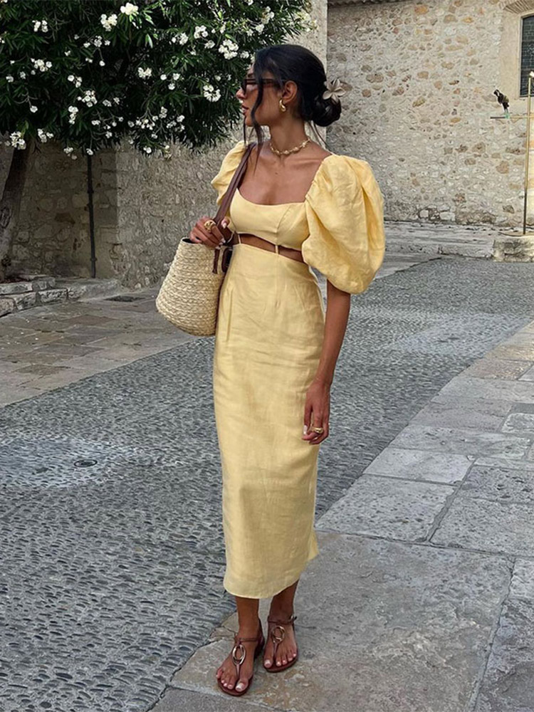 Elegant Solid Waist Hollow Out Puff Sleeve Midi Dress Chic Hight Wasit Slim Dresses 2024 Summer Lady Vacation Street Vestidos