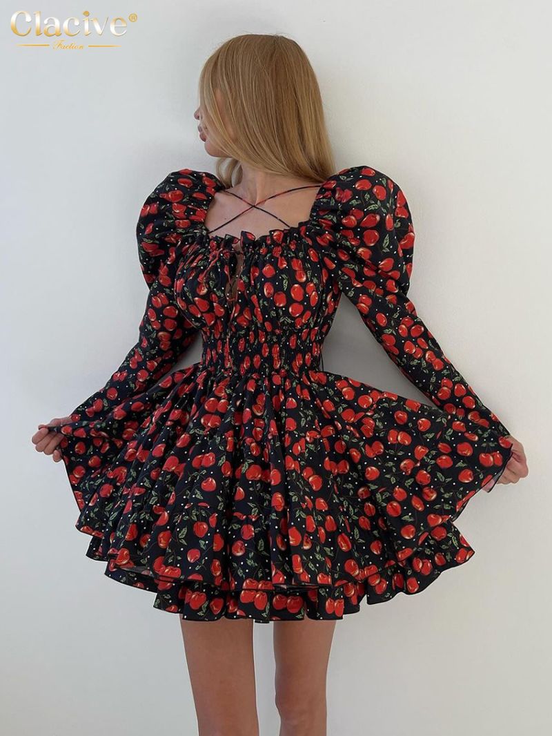 Clacive Fashion Slim Print Women Dress 2024 Sexy Square Collar Long Sleeve Mini Dresses Elegant High Waist Pleated Female Dress