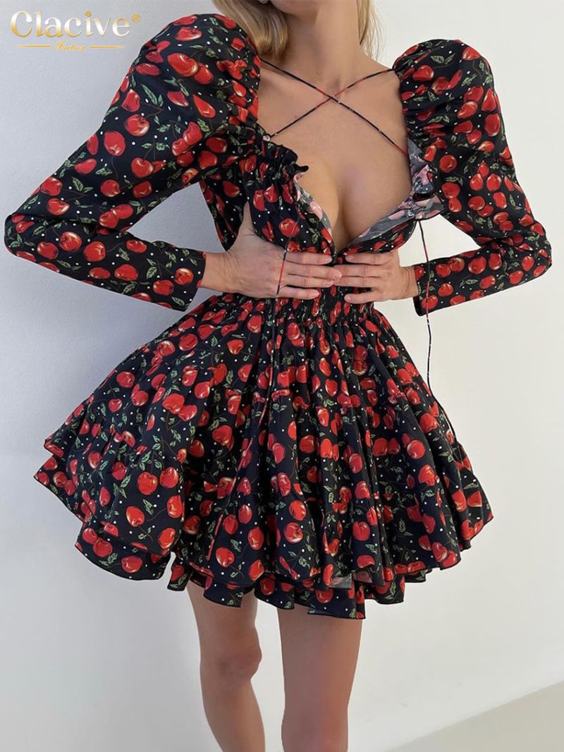 Clacive Fashion Slim Print Women Dress 2024 Sexy Square Collar Long Sleeve Mini Dresses Elegant High Waist Pleated Female Dress