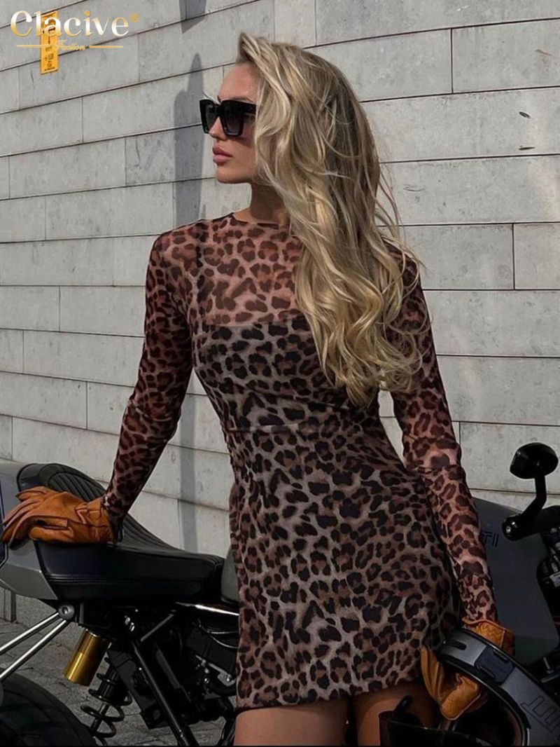 Clacive Sexy Slim Leopard Print Dress Bodycon O-Neck Long Sleeve Mini Dress Elegant See Through Party Dresses For Women 2023