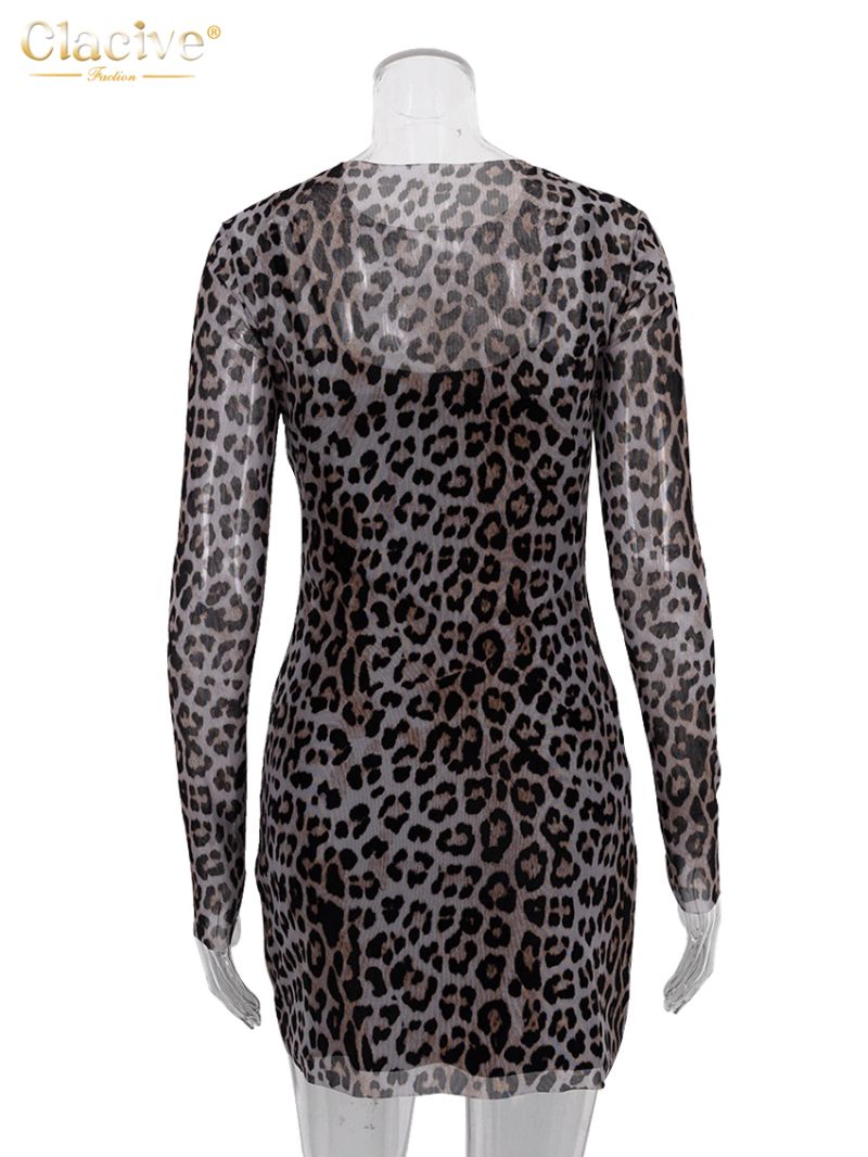 Clacive Sexy Slim Leopard Print Dress Bodycon O-Neck Long Sleeve Mini Dress Elegant See Through Party Dresses For Women 2023