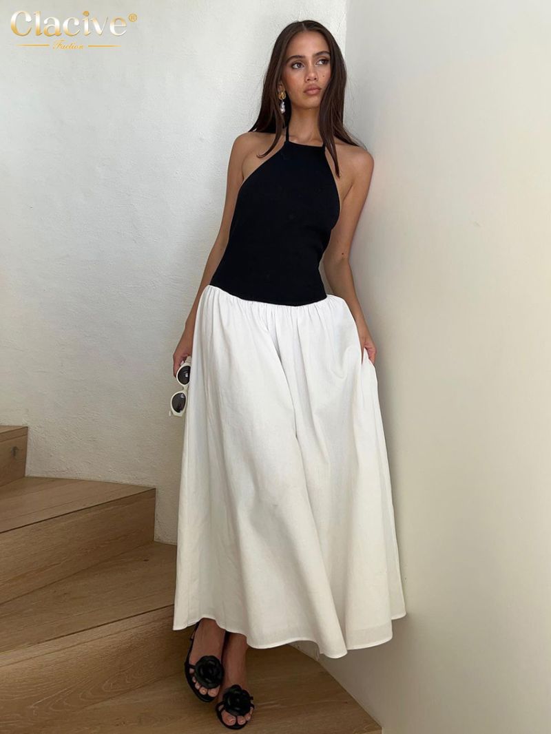 Clacive Summer Slim Patchwork Women'S Dress Sexy Halter Sleeveless Ankle Length Dresses Elegant Classic Pleated Female Dress