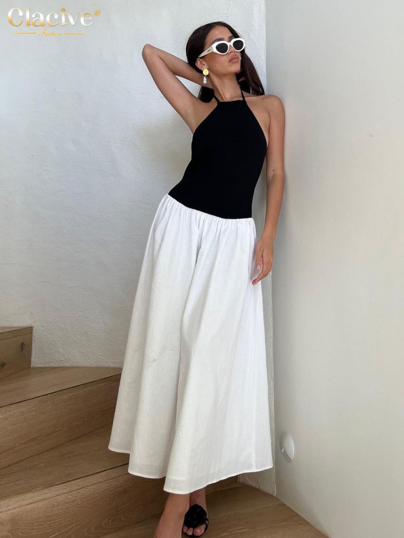 Clacive Summer Slim Patchwork Women'S Dress Sexy Halter Sleeveless Ankle Length Dresses Elegant Classic Pleated Female Dress