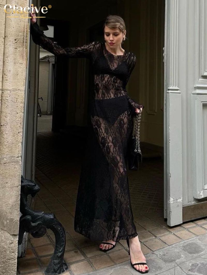 Clacive Sexy Loose Black Lace Women's Dress 2024 Fashion O-Neck Long Sleeve Dresses Elegant Classic Pleated Female Dress