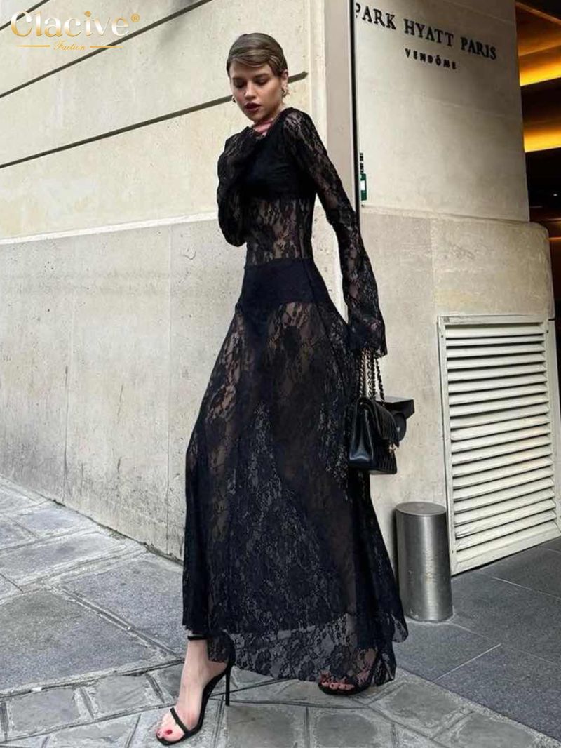 Clacive Sexy Loose Black Lace Women's Dress 2024 Fashion O-Neck Long Sleeve Dresses Elegant Classic Pleated Female Dress