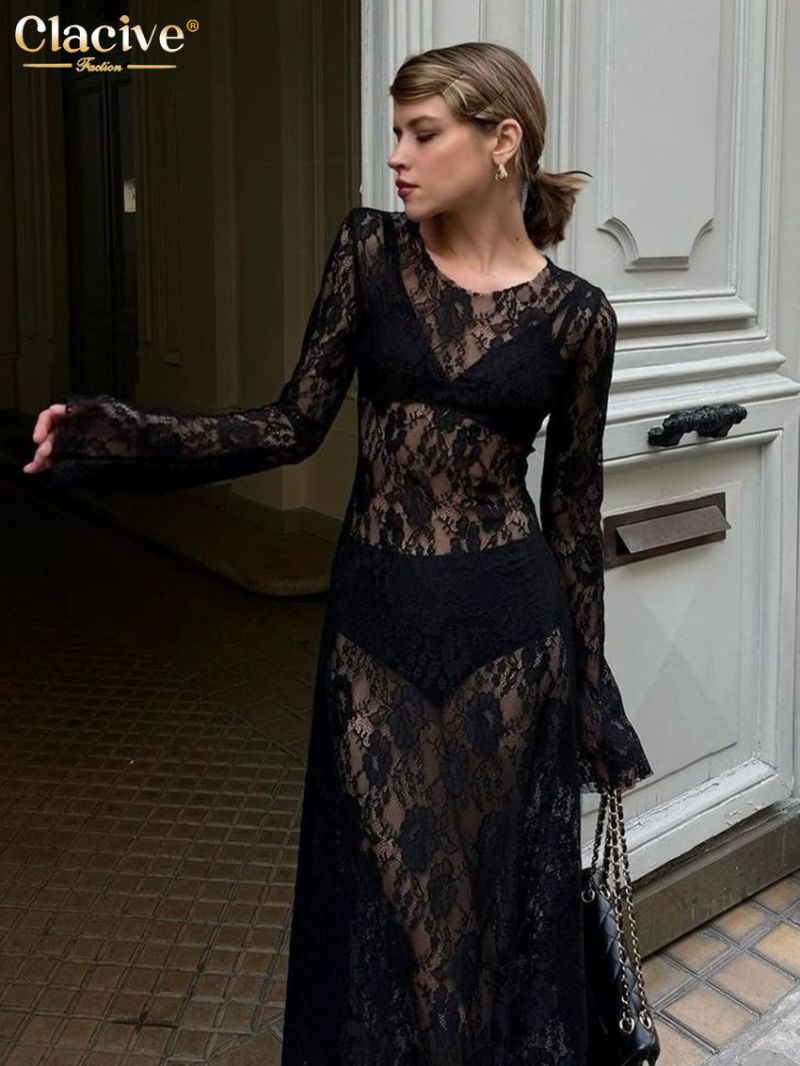 Clacive Sexy Loose Black Lace Women's Dress 2024 Fashion O-Neck Long Sleeve Dresses Elegant Classic Pleated Female Dress