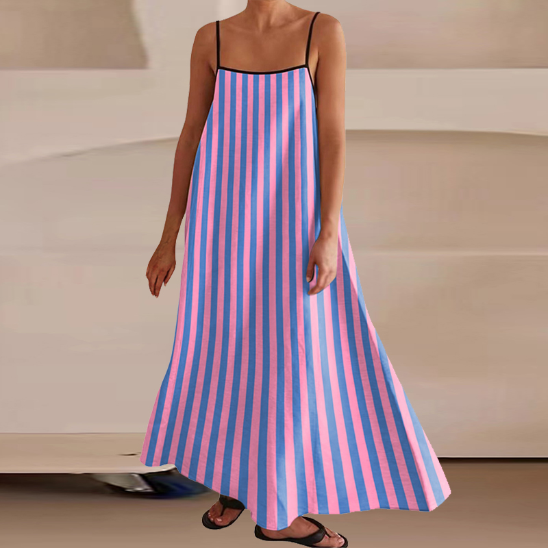 2024 Contrasting Loose Suspender Dress Casual Women's Off Shoulder Hollow Out Beach Dress New Fashion Striped Printed Long Dress