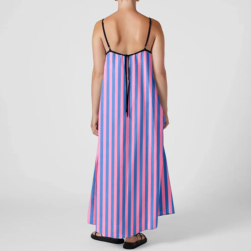 2024 Contrasting Loose Suspender Dress Casual Women's Off Shoulder Hollow Out Beach Dress New Fashion Striped Printed Long Dress