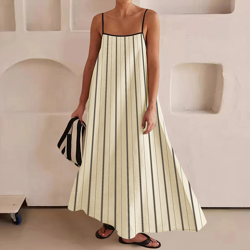 2024 Contrasting Loose Suspender Dress Casual Women's Off Shoulder Hollow Out Beach Dress New Fashion Striped Printed Long Dress