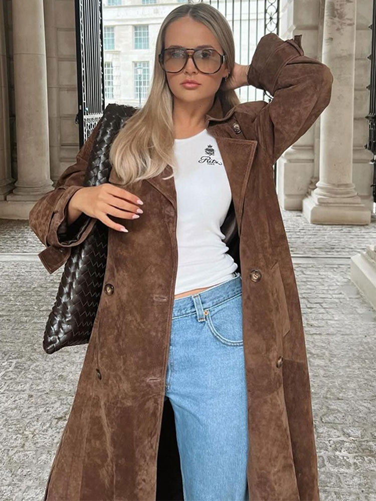 Women's Brown Lapel Long Coat With Belt 2024 Autumn Vintage Full Sleeved Oversized Overcoat Female High Street Outwear Trench