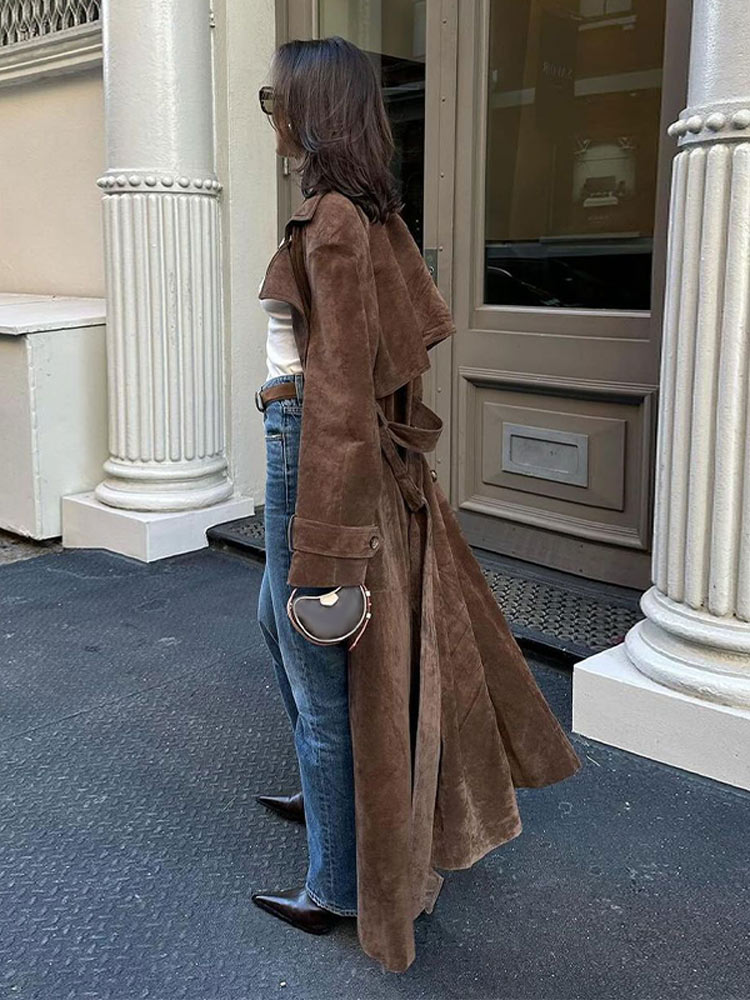 Women's Brown Lapel Long Coat With Belt 2024 Autumn Vintage Full Sleeved Oversized Overcoat Female High Street Outwear Trench