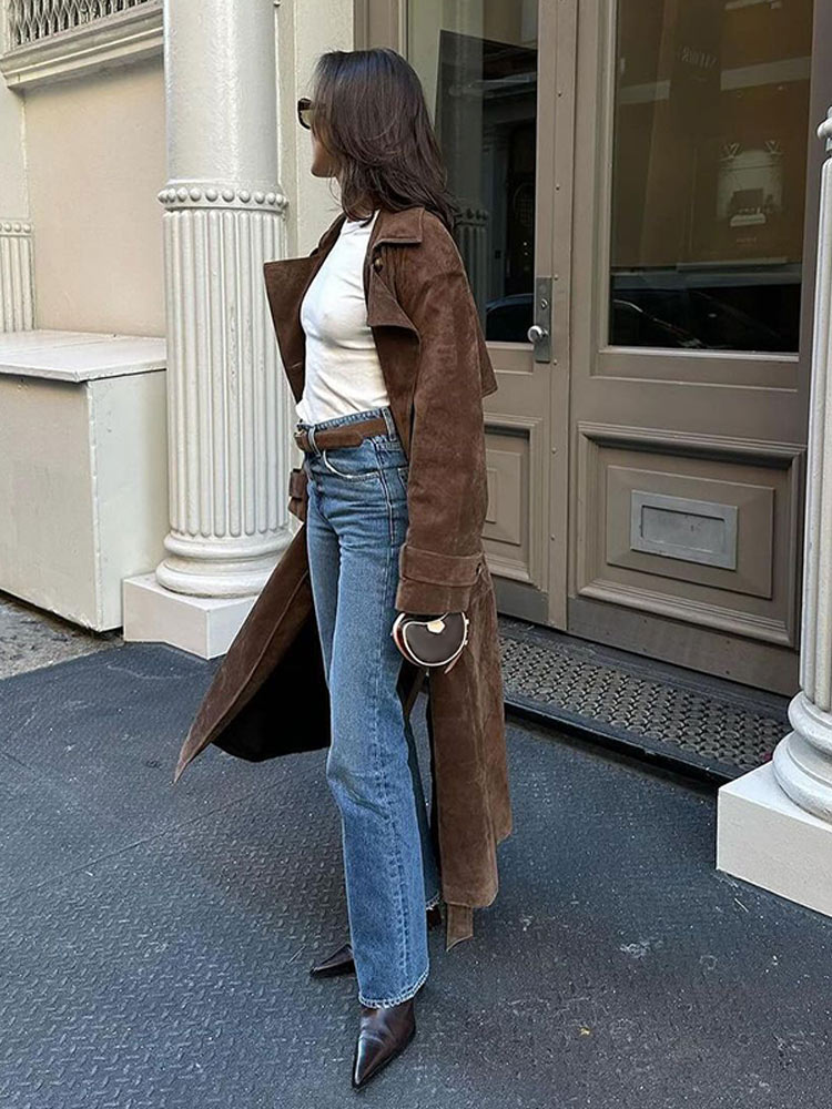 Women's Brown Lapel Long Coat With Belt 2024 Autumn Vintage Full Sleeved Oversized Overcoat Female High Street Outwear Trench