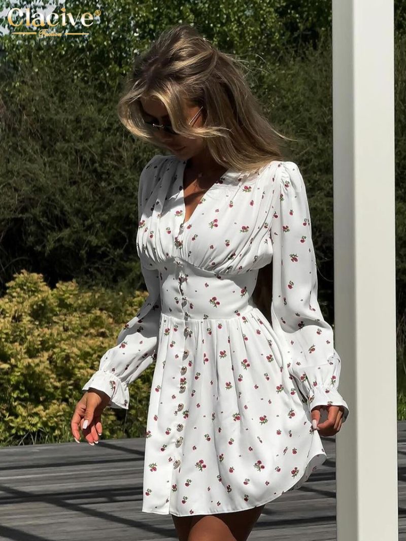 Clacive Fashion Loose Print Women's Dress 2024 Elegant V-Neck Long Sleeve Mini Dresses Casual High Waist Pleated Female Dress