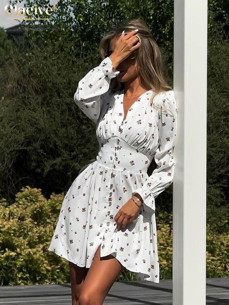 Clacive Fashion Loose Print Women's Dress 2024 Elegant V-Neck Long Sleeve Mini Dresses Casual High Waist Pleated Female Dress