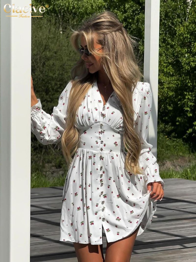 Clacive Fashion Loose Print Women's Dress 2024 Elegant V-Neck Long Sleeve Mini Dresses Casual High Waist Pleated Female Dress