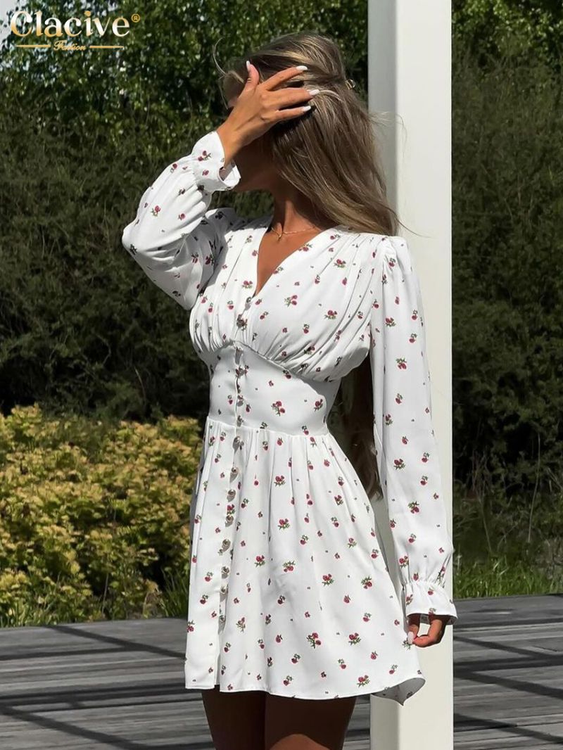 Clacive Fashion Loose Print Women's Dress 2024 Elegant V-Neck Long Sleeve Mini Dresses Casual High Waist Pleated Female Dress