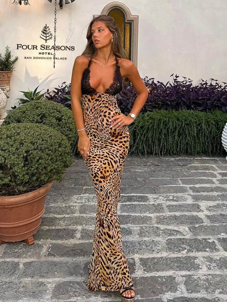 Sexy Lace Leopard Print Dress Women Fashion Deep V Neck Patchwork Halter Dresses 2024 Summer Ladies Chic Party Evening Gowns