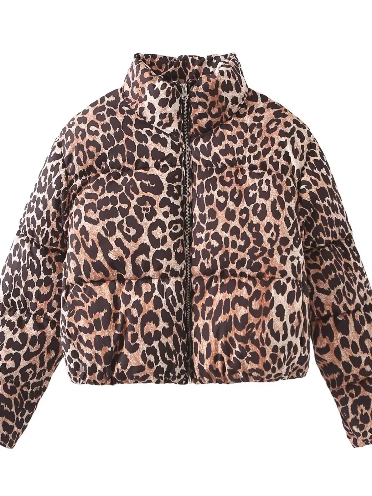 Autumn Elegant Leopard Print Stand Collar Zipper Cotton Coats For Women Chic Pockets Cropped Padded Jacket 2024 Lady Casual Coat