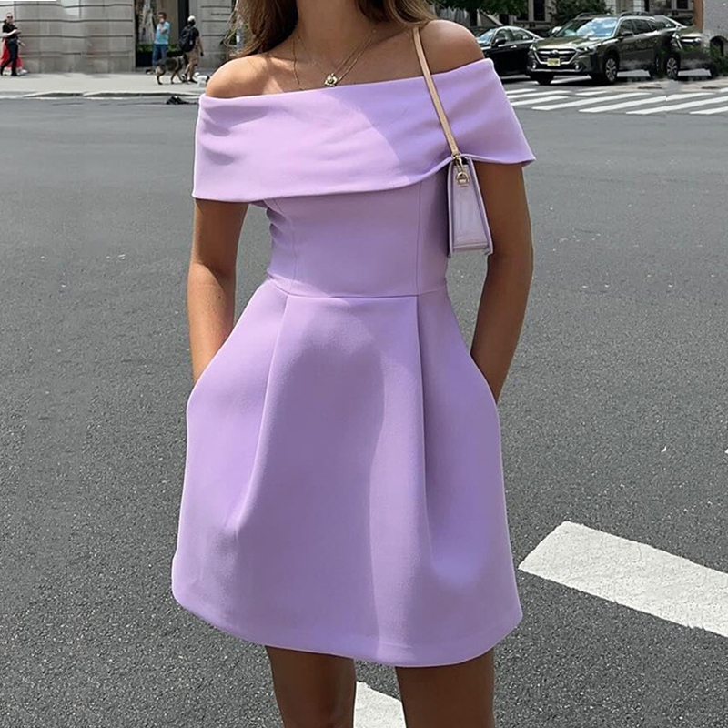 Spring Summer Hollow Off Shoulder Banquet Dress Elegant Solid Color Pocket A-line Dress Female Casual Short Sleeved Mini Dresses